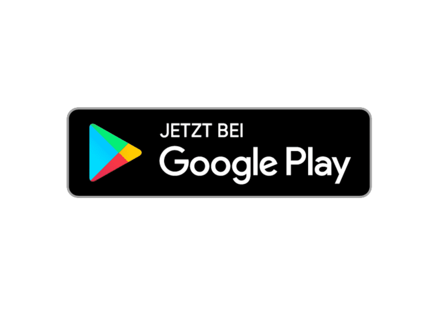 Logotipo retangular preto com o texto "JETZT BEI" acima de "Google Play" e um botão de reprodução triangular colorido ao lado esquerdo.